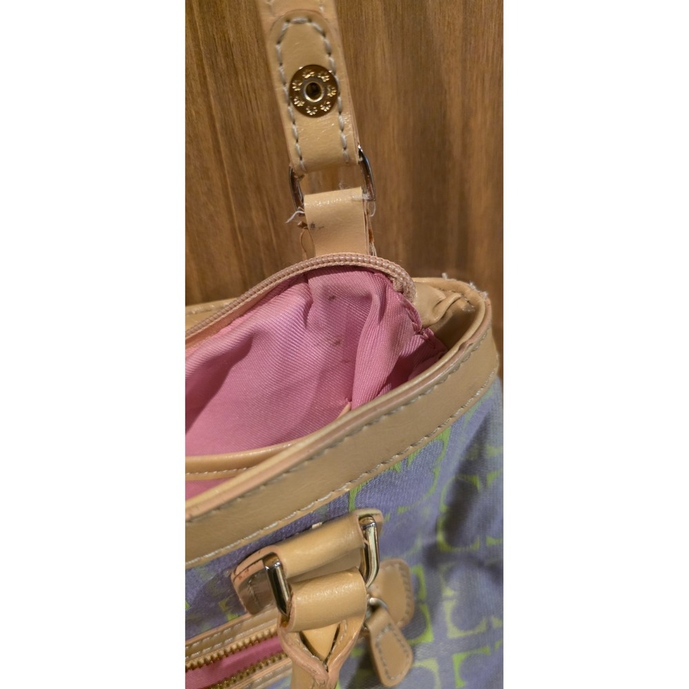 Liz Claiborne Tote Handbag Womens Blue Geometric Canvas Leather Trim Classic - Picture 11 of 11